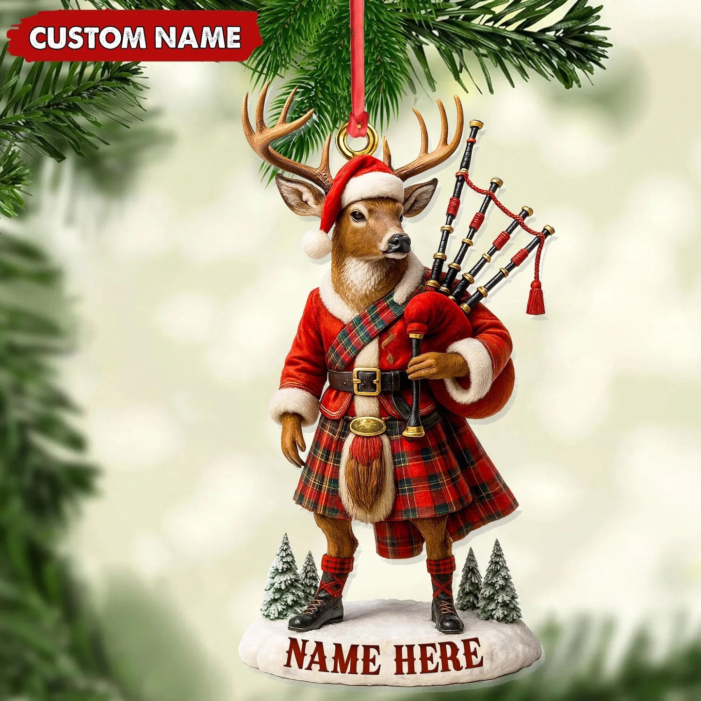 Personalized Scottish Deer Ornament, Custom Name Highland Bagpiper Christmas Decoration