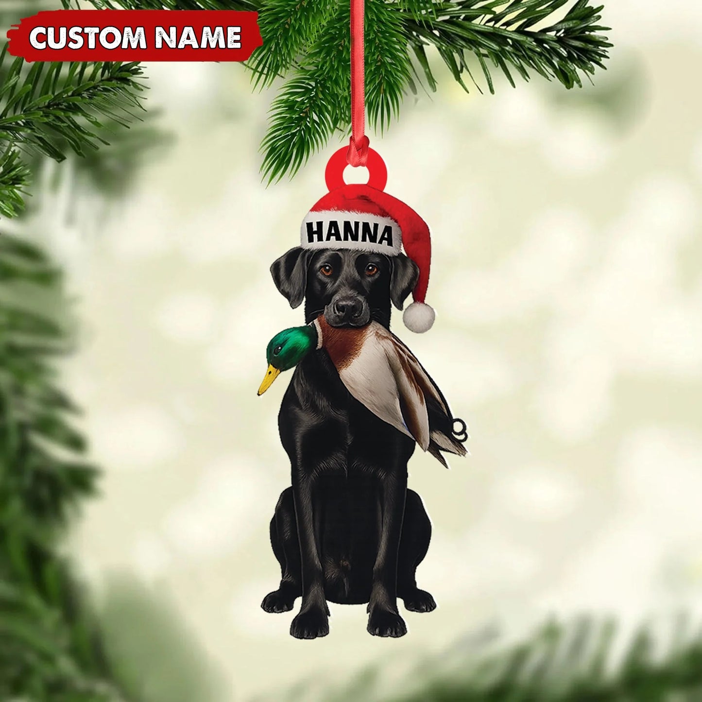 Personalized Hunting Dog Christmas Ornament with Duck - Custom Name Lab Retriever Holiday Decor