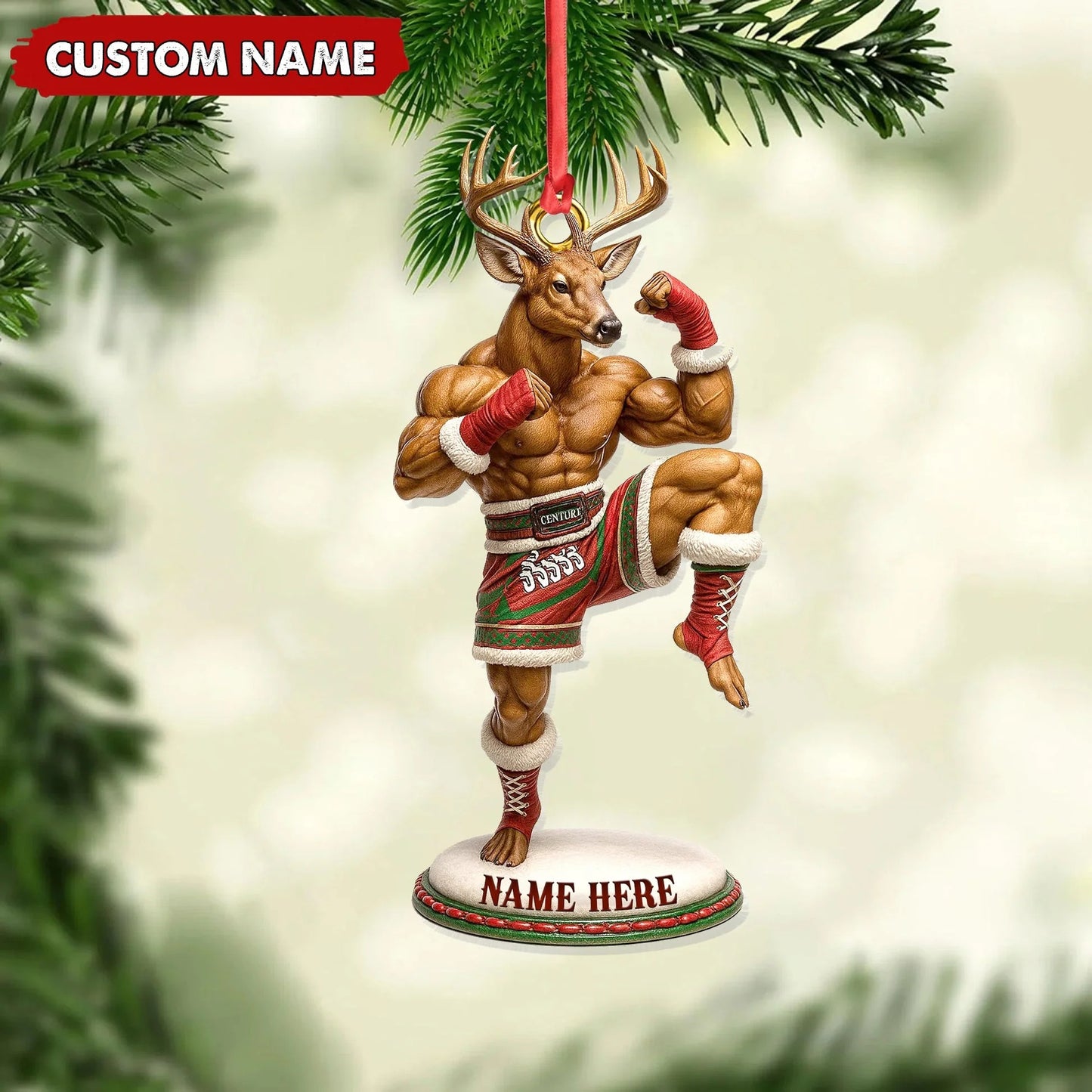 Custom Name Muay Thai Deer Ornament, Funny Boxing Deer Christmas Decoration