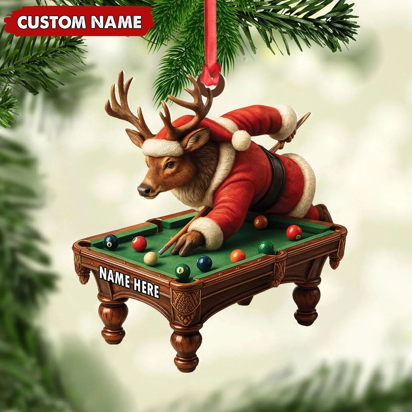 Personalized Acrylic Deer Christmas Ornament - Funny Buck Playing Pool in Santa Outfit Holiday Decor