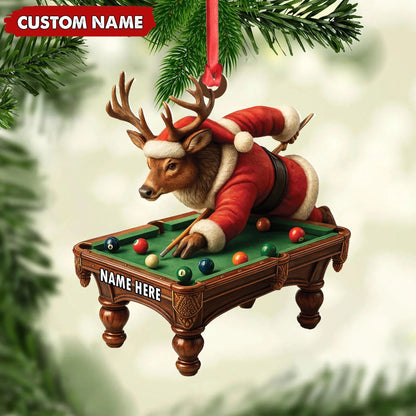 Personalized Acrylic Deer Christmas Ornament - Funny Buck Playing Pool in Santa Outfit Holiday Decor
