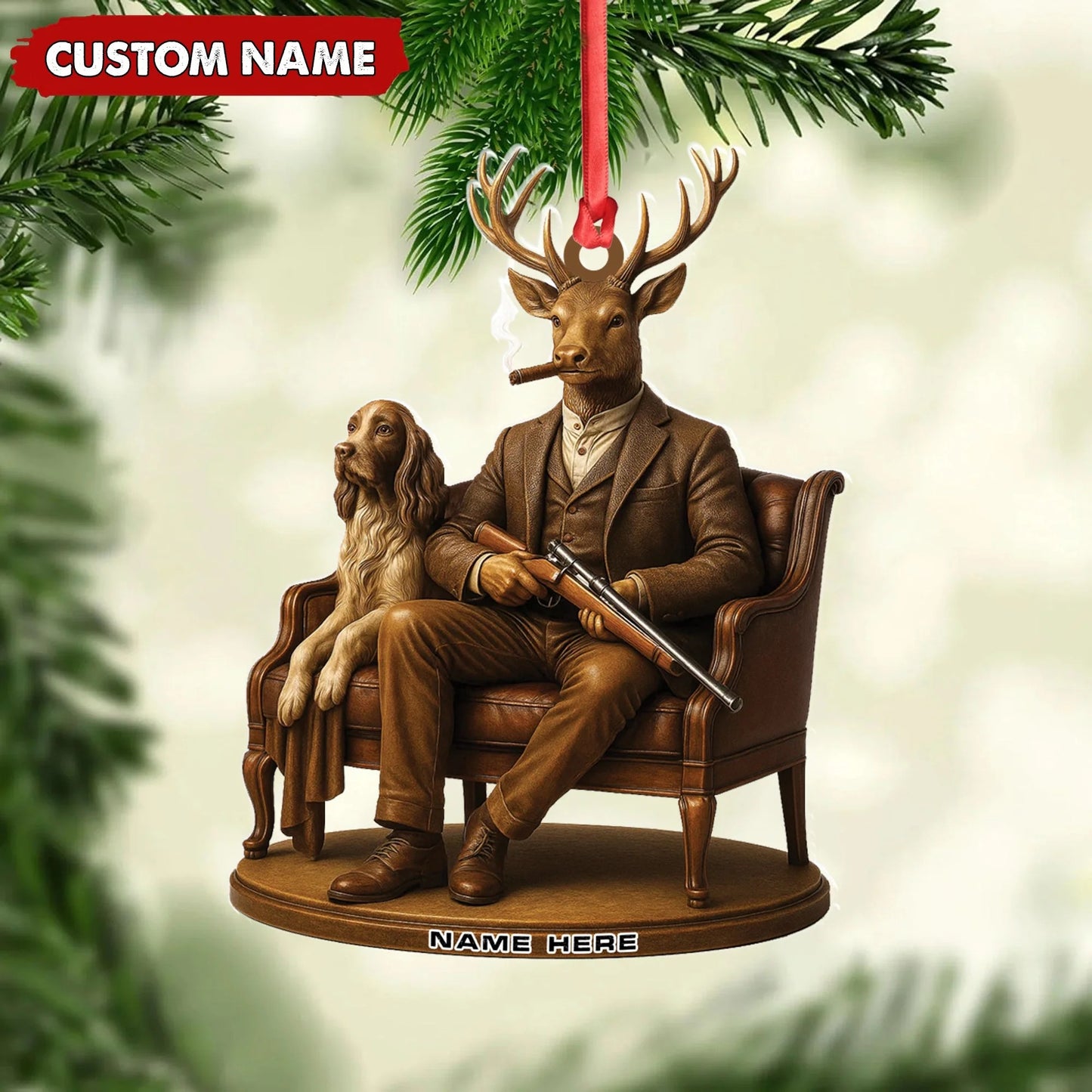 Personalized Acrylic Deer Christmas Ornament - Elegant Hunter Buck with Dog Holding Rifle Holiday Decor