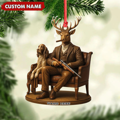 Personalized Acrylic Deer Christmas Ornament - Elegant Hunter Buck with Dog Holding Rifle Holiday Decor