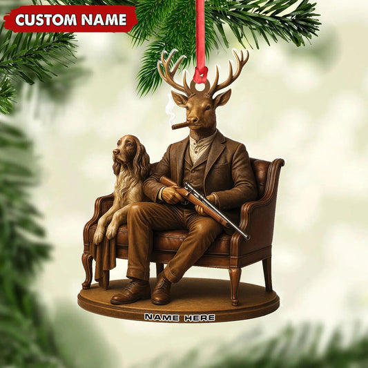 Personalized Acrylic Deer Christmas Ornament - Elegant Hunter Buck with Dog Holding Rifle Holiday Decor