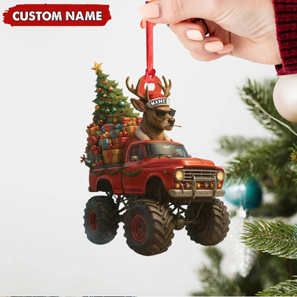 Personalized Funny Deer Truck Acrylic Christmas Ornament - Custom Name Gift for Hunters & Outdoor Lovers