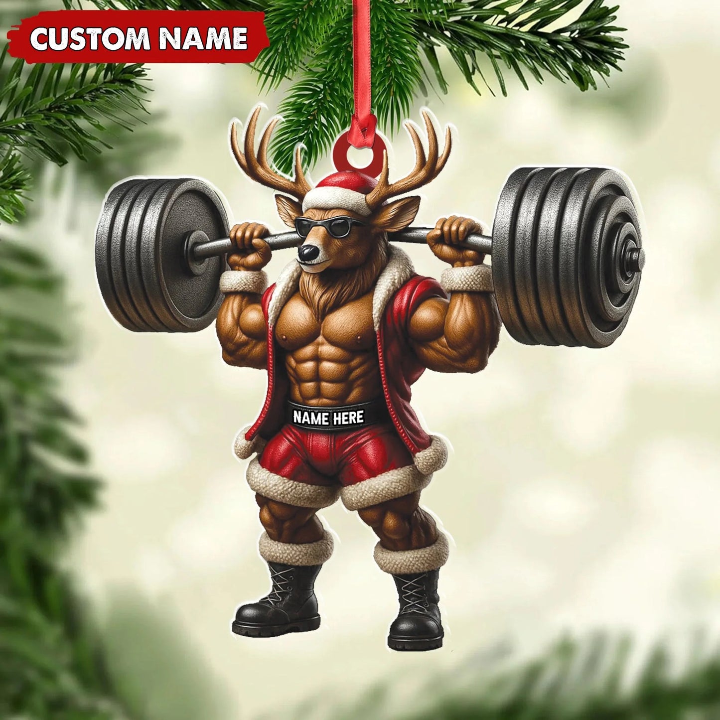Personalized Acrylic Muscle Deer Christmas Ornament - Custom Weightlifting Holiday Decoration