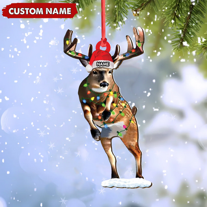 Personalized Deer Acrylic Christmas Ornament - Custom Name Buck with Lights Holiday Gift