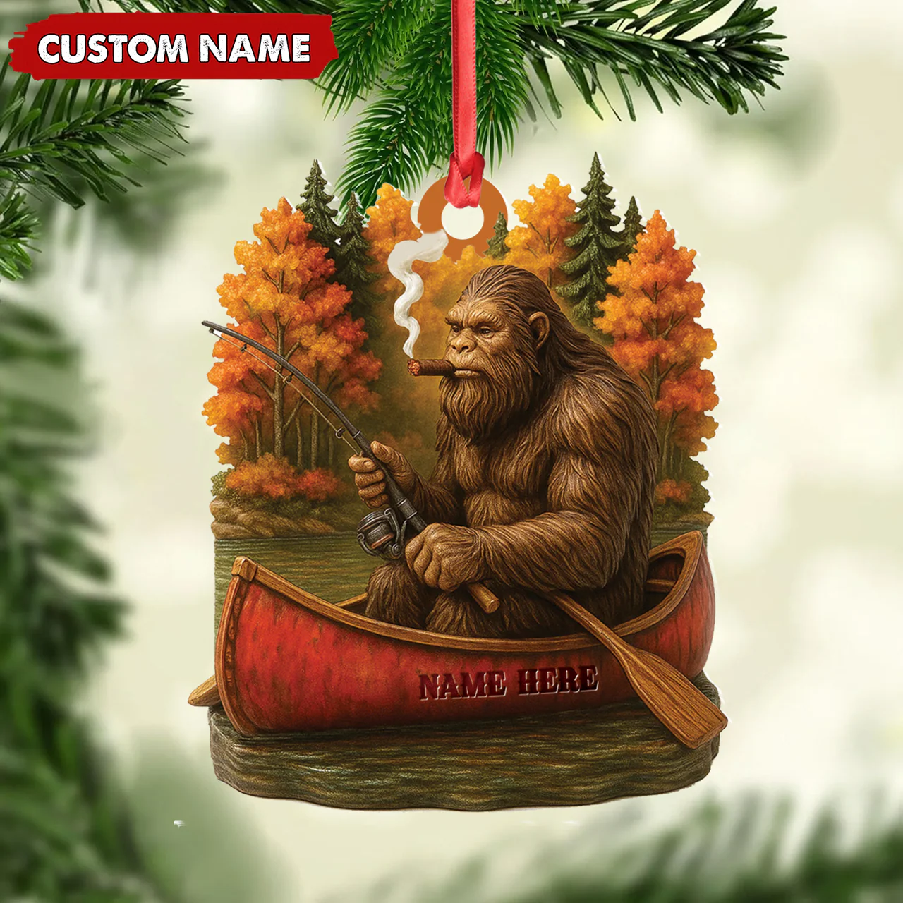 Personalized Bigfoot Fishing Ornament, Funny Sasquatch in Canoe Christmas Decor, Unique Gift for Fishermen and Outdoor Lovers