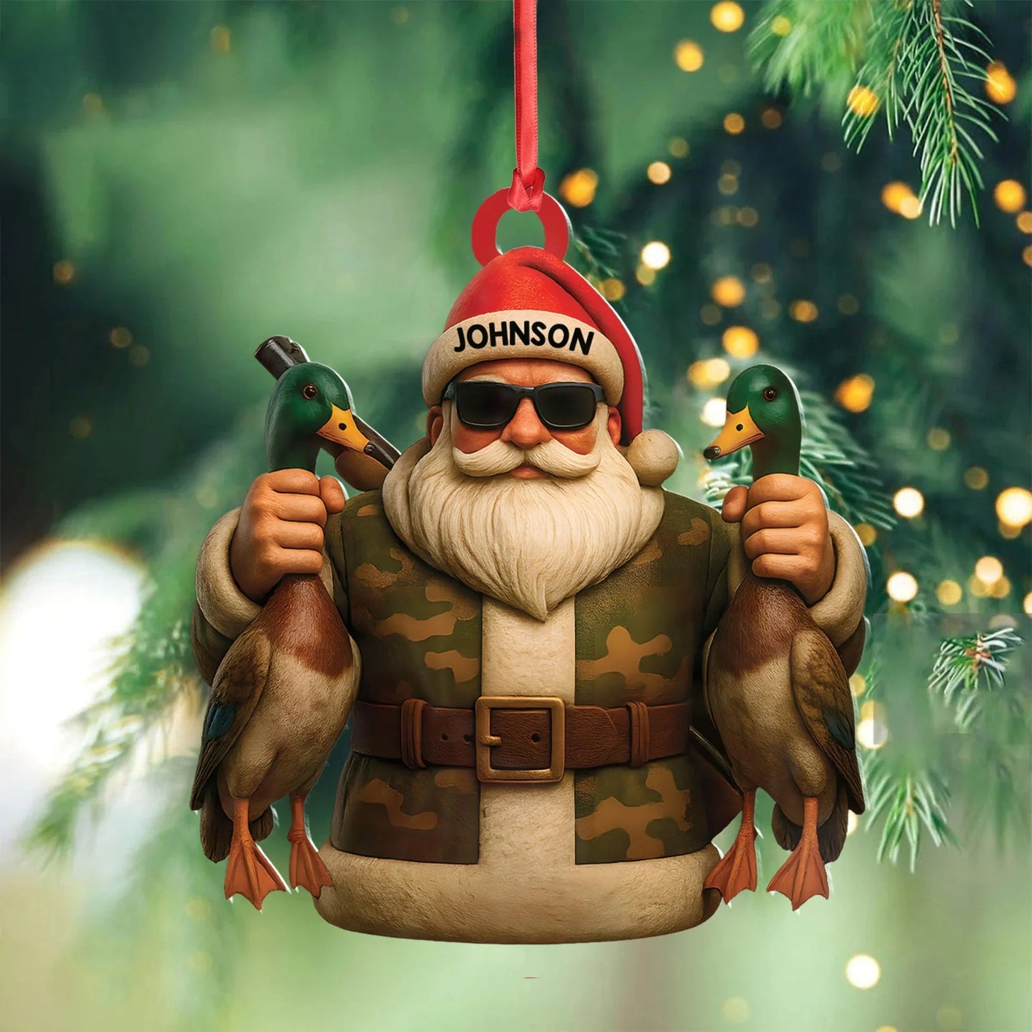 Personalized Duck Hunter Santa Acrylic Ornament - Funny Christmas Gift for Hunters - Custom Name Camo Decor