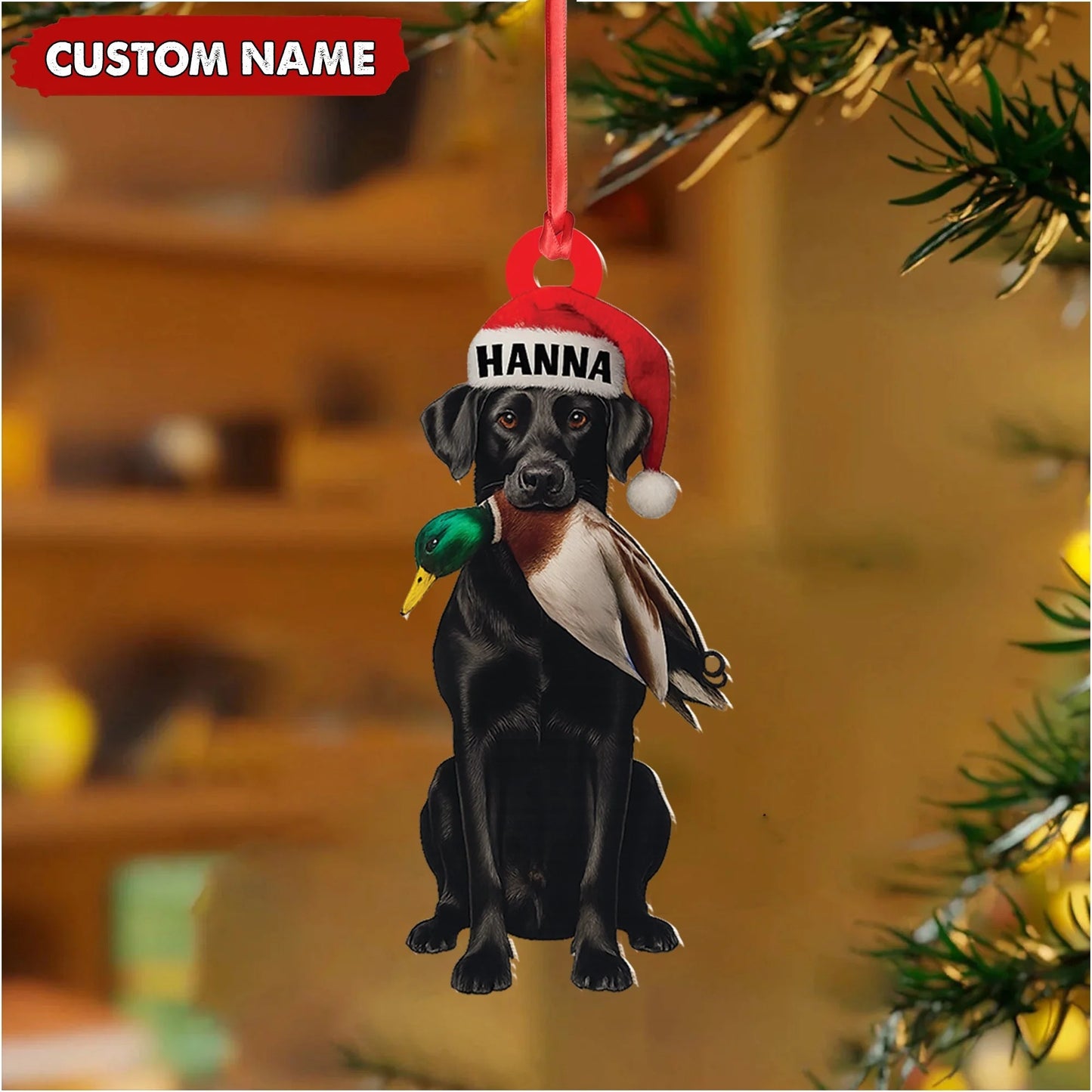 Personalized Hunting Dog Christmas Ornament with Duck - Custom Name Lab Retriever Holiday Decor