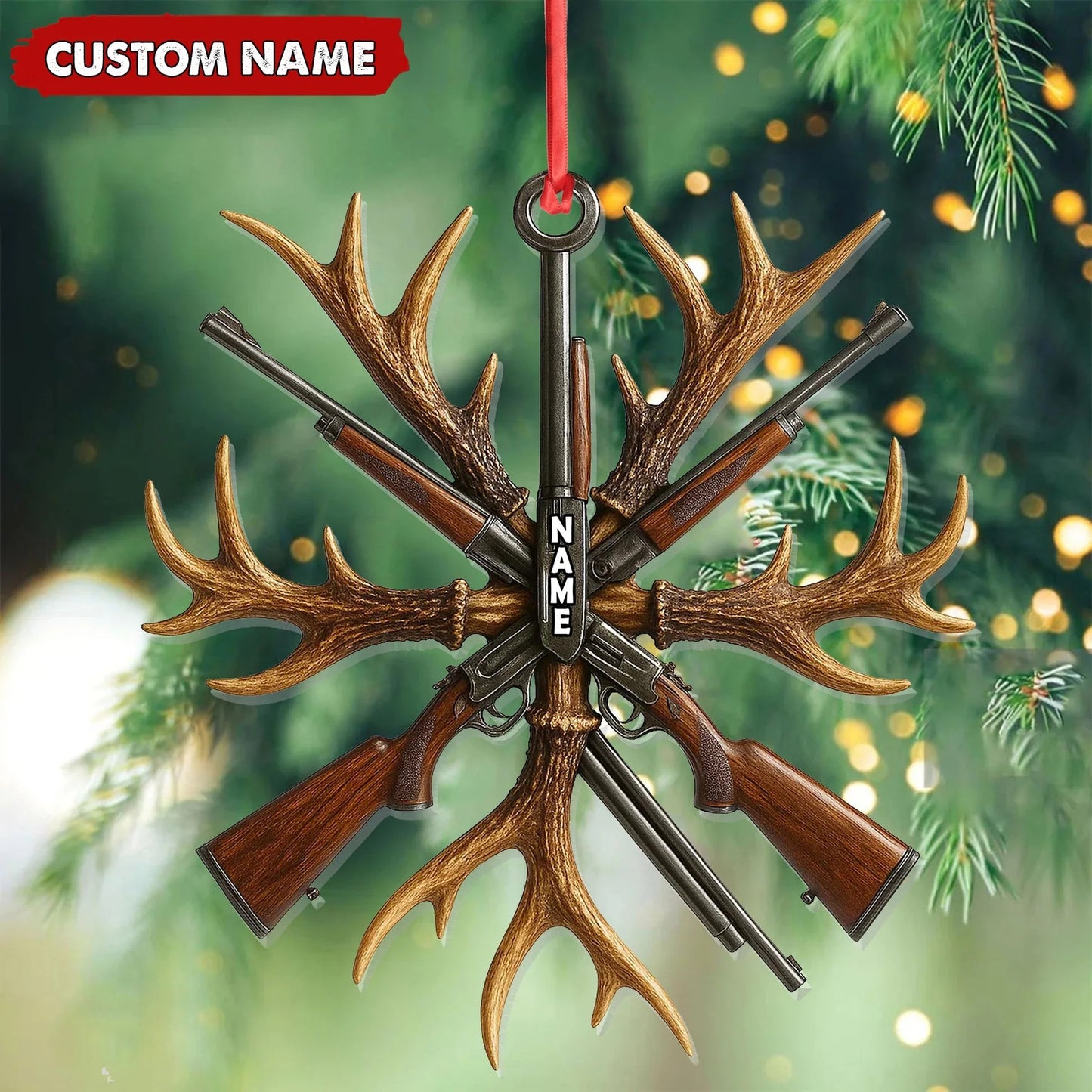 Custom Name Hunting Ornament, Antlers and Rifles Christmas Decor for Hunters