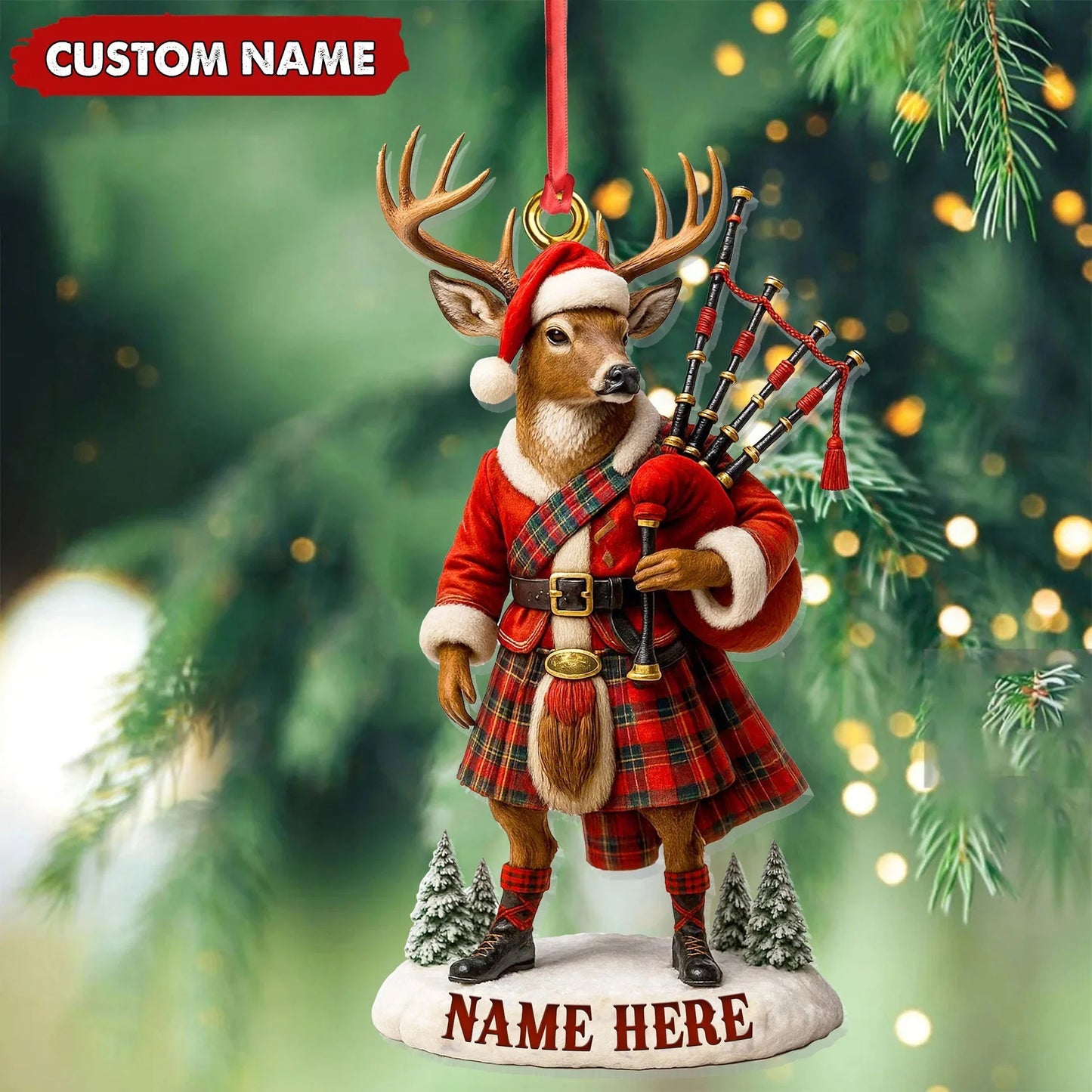Personalized Scottish Deer Ornament, Custom Name Highland Bagpiper Christmas Decoration