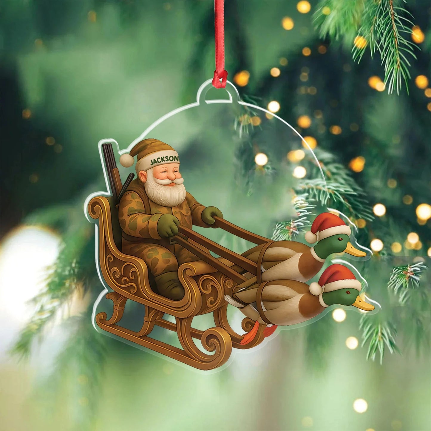 Personalized Funny Santa Hunter Acrylic Ornament- Duck Hunting Christmas Wall Art, Santa Claus with Ducks Sleigh, Custom Hunter Gift for Men