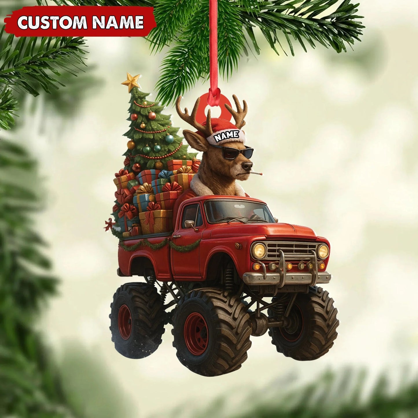 Personalized Funny Deer Truck Acrylic Christmas Ornament - Custom Name Gift for Hunters & Outdoor Lovers