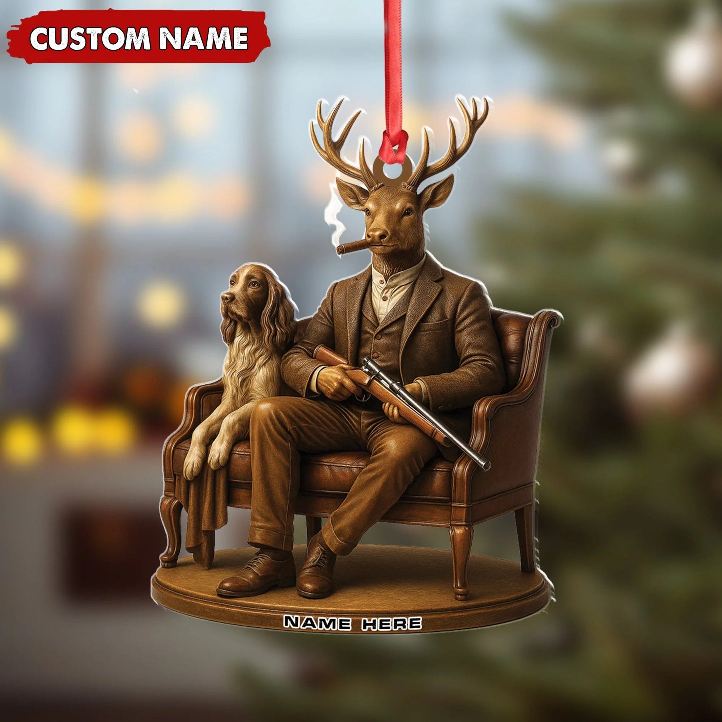 Personalized Acrylic Deer Christmas Ornament - Elegant Hunter Buck with Dog Holding Rifle Holiday Decor