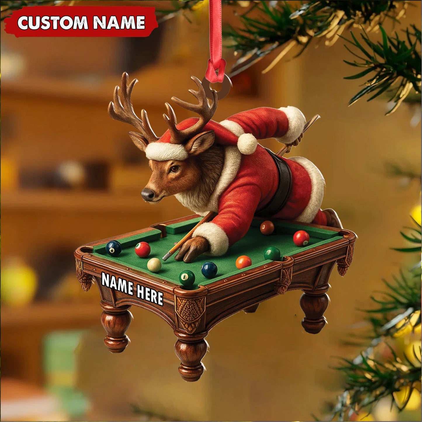 Personalized Acrylic Deer Christmas Ornament - Funny Buck Playing Pool in Santa Outfit Holiday Decor
