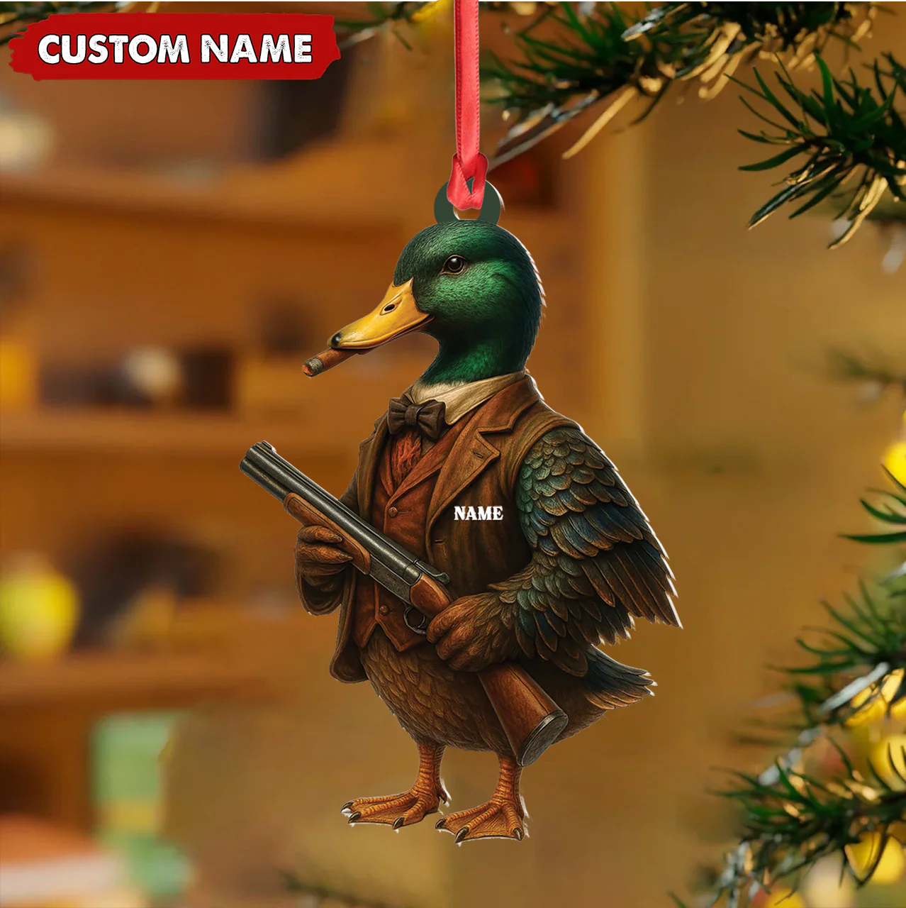 Personalized Funny Duck Hunter Ornament, Dapper Mallard with Gun Christmas Decor, Unique Gag Gift for Hunters and Men
