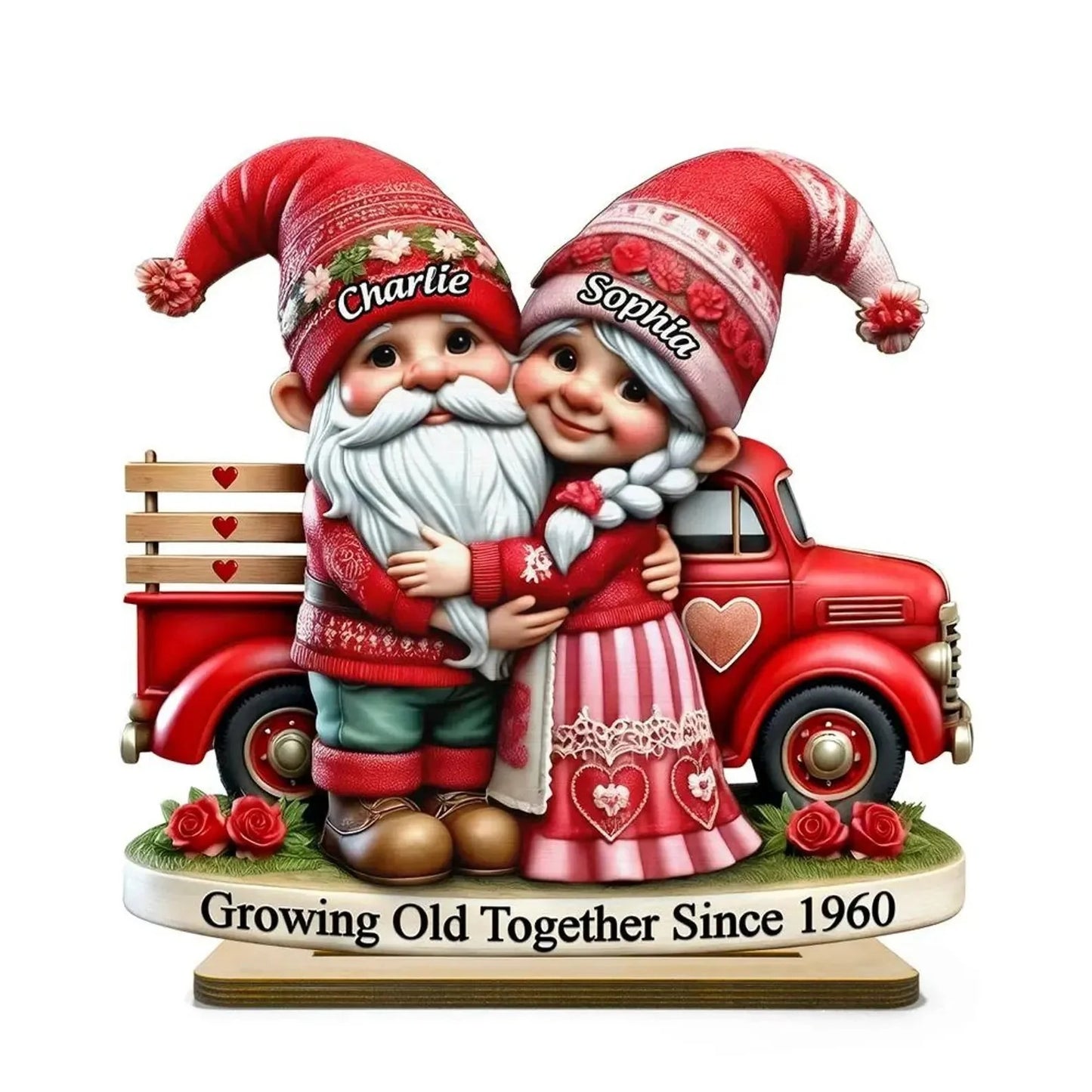 Personalized Gnome Couple Truck Wooden Standing