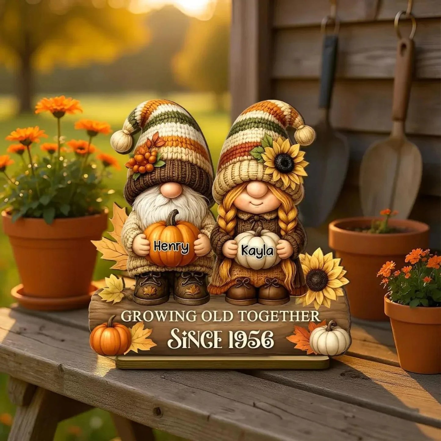 Gnome Couple Growing Old Together Wooden Standing