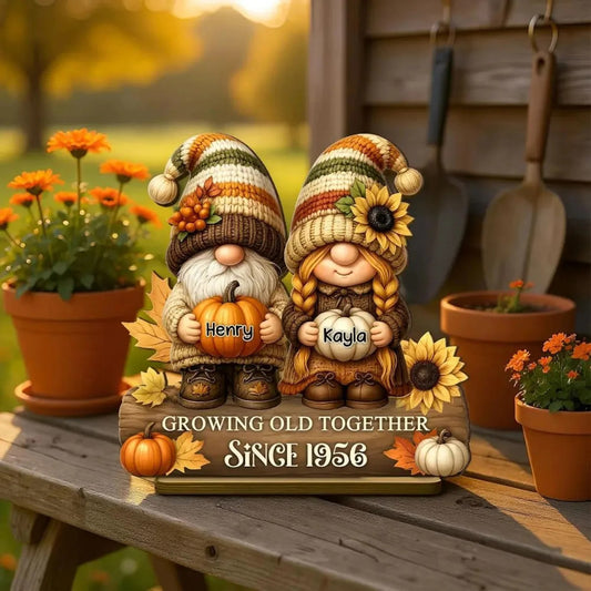 Gnome Couple Growing Old Together Wooden Standing