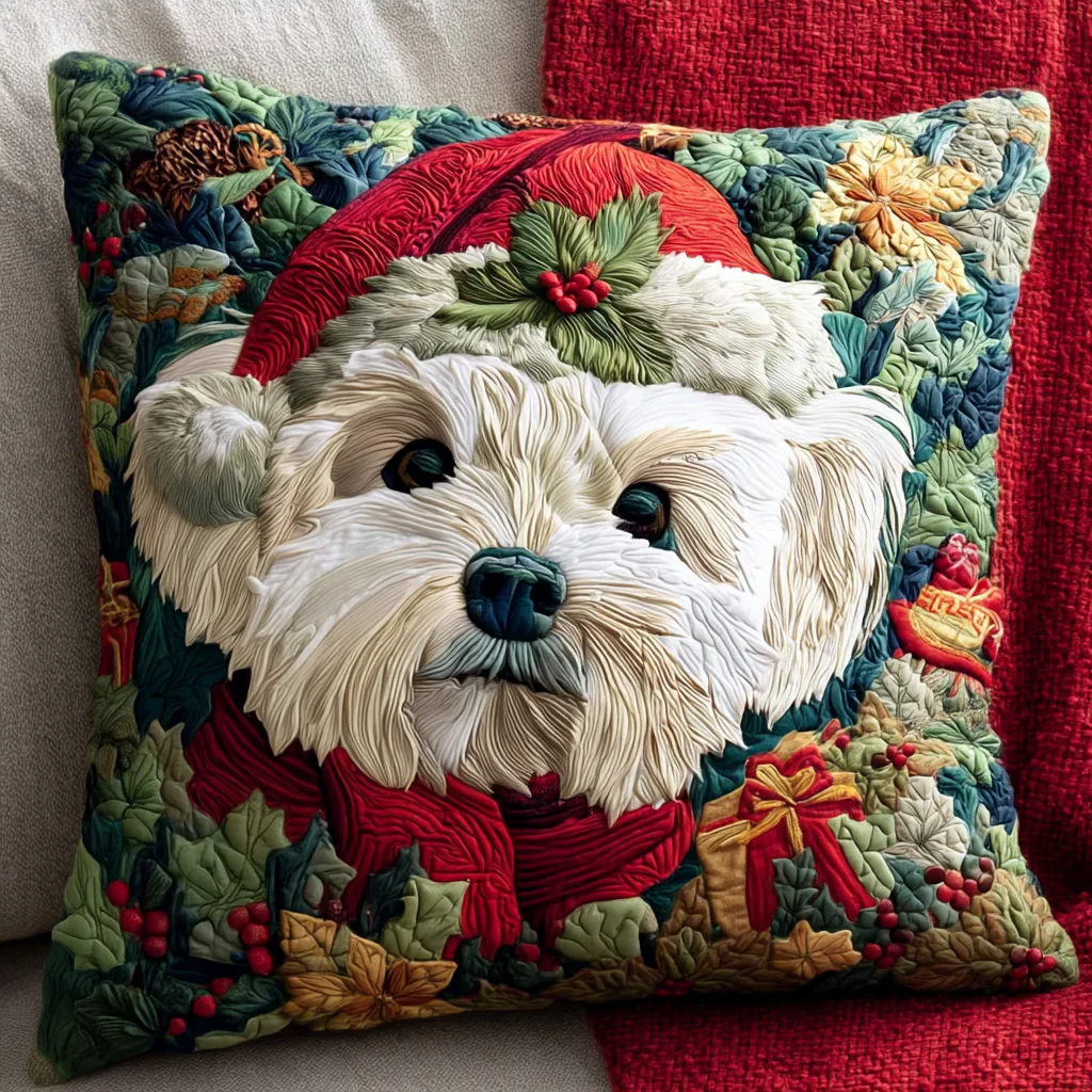 Santa Maltese Dog Quilted Pillow Case