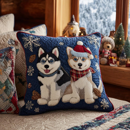 Christmas Husky Night Quilted Pillow Case