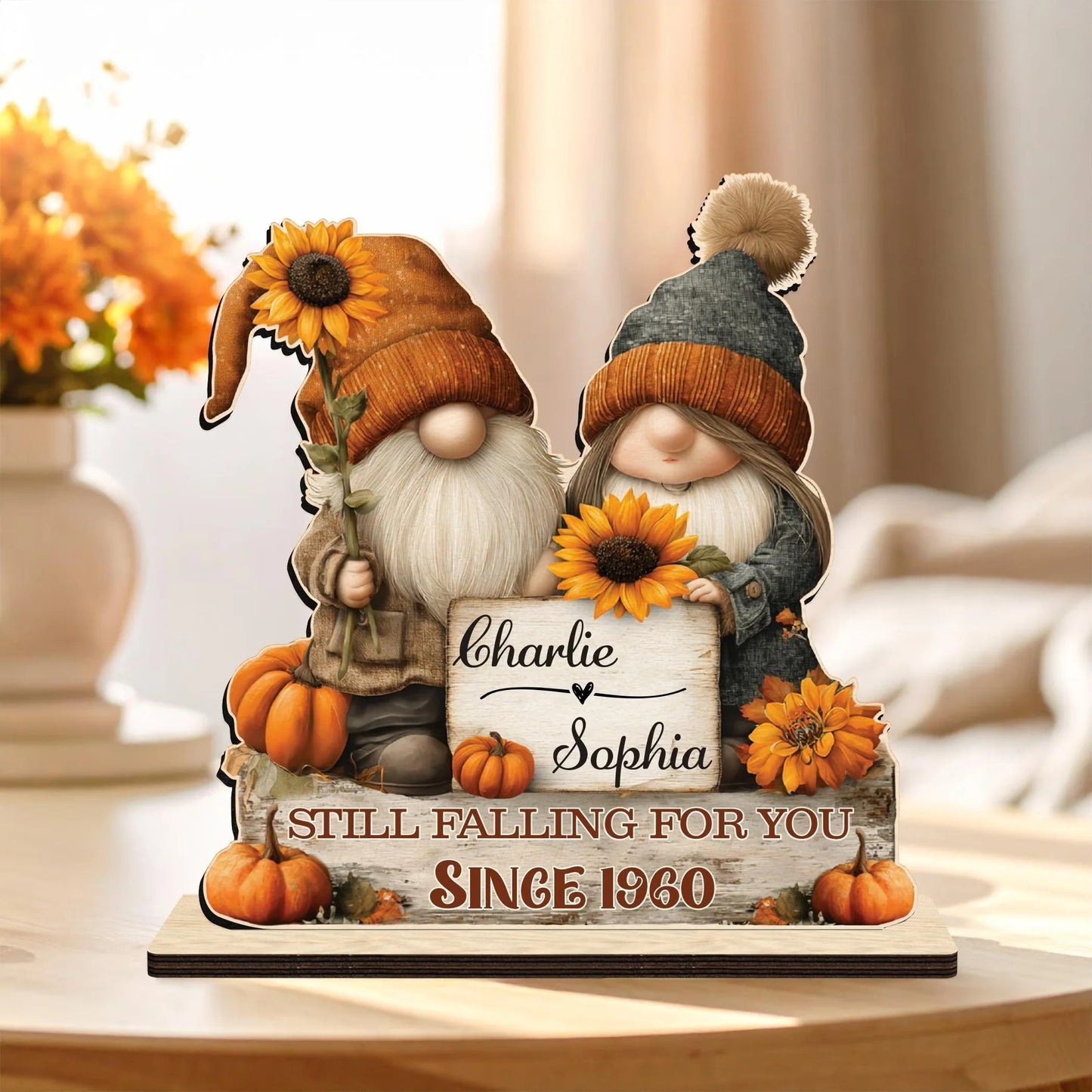 Gnome Couple Growing Old Together Wooden Standing