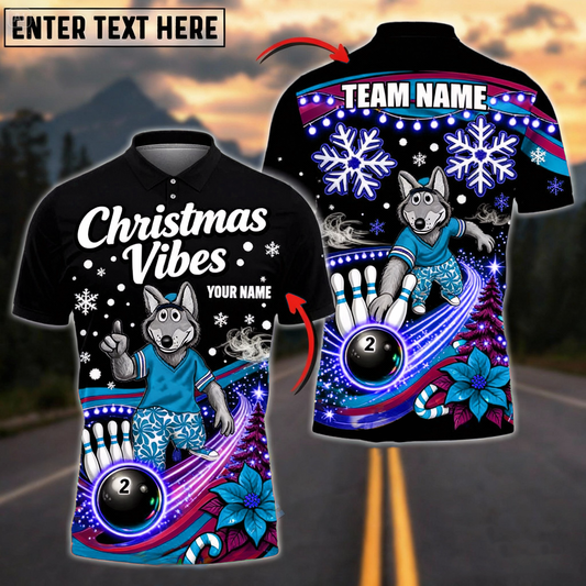 “Christmas Vibes” Wolf Mascot Bowling Polo — Neon Black Edition — Custom Name