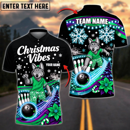 “Christmas Vibes” Wolf Mascot Bowling Polo — Neon Black Edition — Custom Name