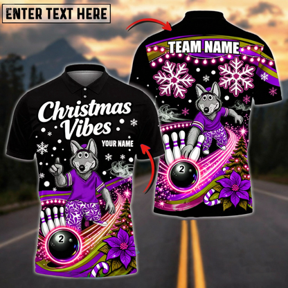 “Christmas Vibes” Wolf Mascot Bowling Polo — Neon Black Edition — Custom Name