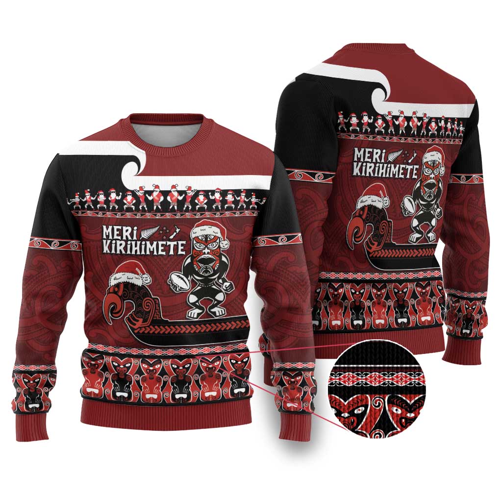 Christmas Ugly Christmas Sweater - Meri Kirihimete Aotearoa Warrior on Waka with Maori Art Tattoo