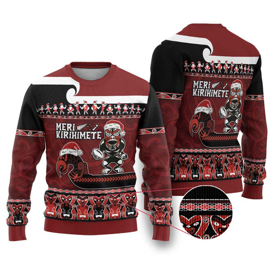 Christmas Ugly Christmas Sweater - Meri Kirihimete Aotearoa Warrior on Waka with Maori Art Tattoo