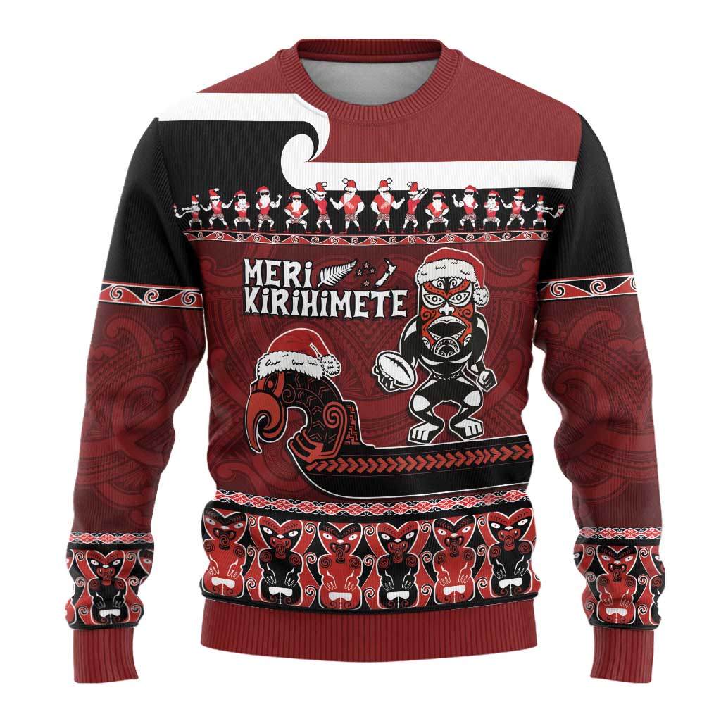 Christmas Ugly Christmas Sweater - Meri Kirihimete Aotearoa Warrior on Waka with Maori Art Tattoo