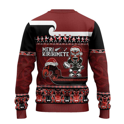 Christmas Ugly Christmas Sweater - Meri Kirihimete Aotearoa Warrior on Waka with Maori Art Tattoo