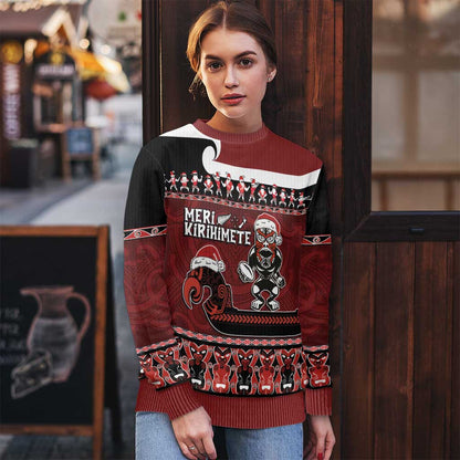Christmas Ugly Christmas Sweater - Meri Kirihimete Aotearoa Warrior on Waka with Maori Art Tattoo