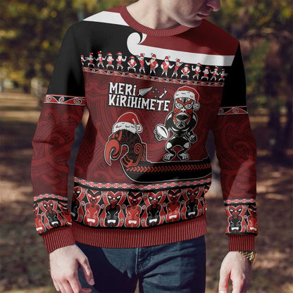 Christmas Ugly Christmas Sweater - Meri Kirihimete Aotearoa Warrior on Waka with Maori Art Tattoo