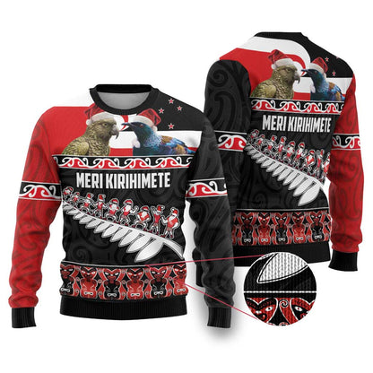 Meri Kirihimete Ugly Christmas Sweater Christmas Tui Bird and Kea Bird - Haka Santa with Maori Koru Art Pattern