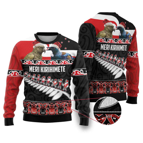 Meri Kirihimete Ugly Christmas Sweater Christmas Tui Bird and Kea Bird - Haka Santa with Maori Koru Art Pattern