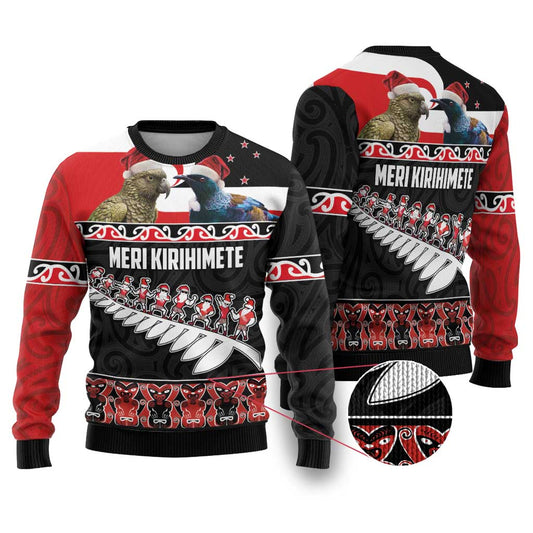 Meri Kirihimete Ugly Christmas Sweater Christmas Tui Bird and Kea Bird - Haka Santa with Maori Koru Art Pattern