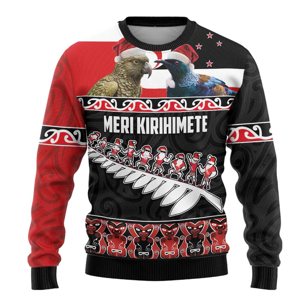 Meri Kirihimete Ugly Christmas Sweater Christmas Tui Bird and Kea Bird - Haka Santa with Maori Koru Art Pattern