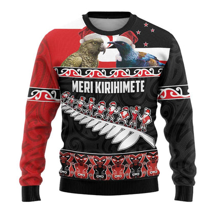 Meri Kirihimete Ugly Christmas Sweater Christmas Tui Bird and Kea Bird - Haka Santa with Maori Koru Art Pattern