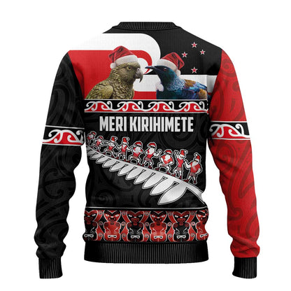 Meri Kirihimete Ugly Christmas Sweater Christmas Tui Bird and Kea Bird - Haka Santa with Maori Koru Art Pattern