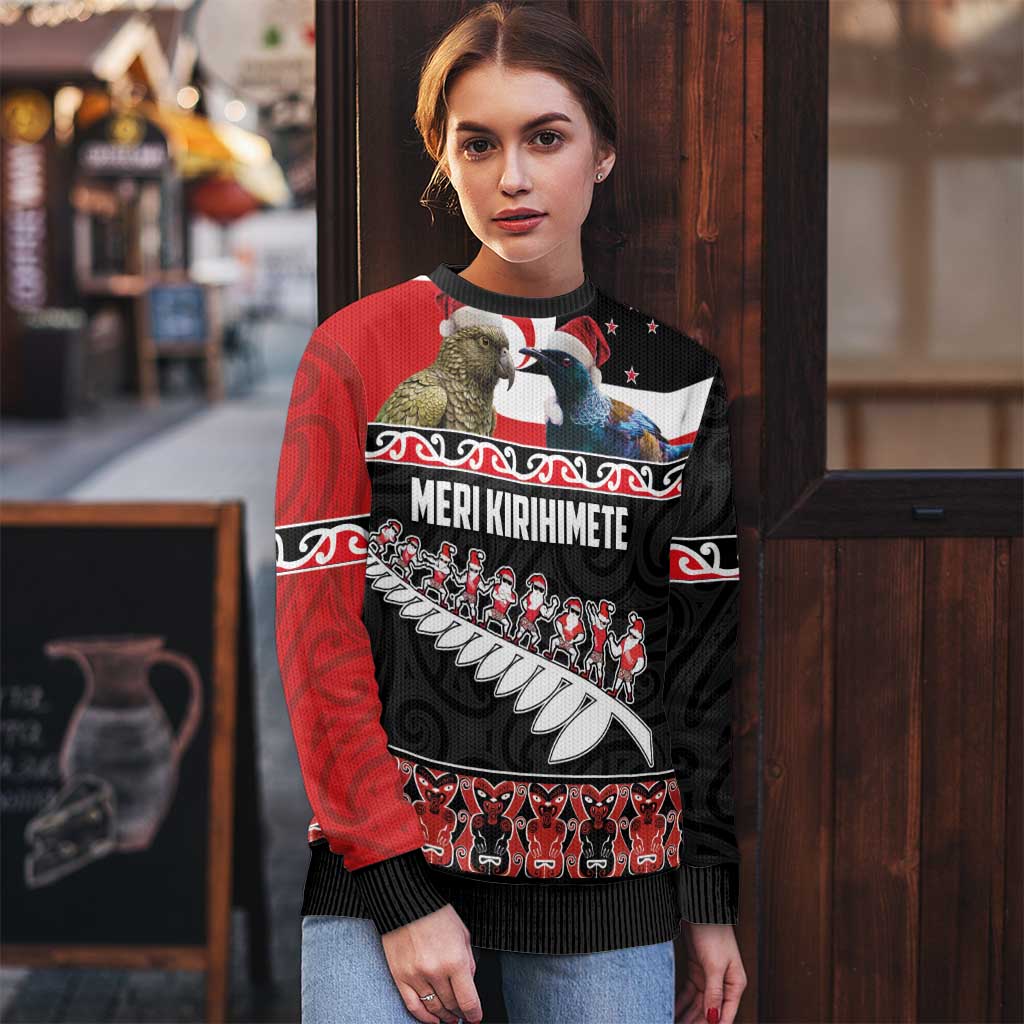 Meri Kirihimete Ugly Christmas Sweater Christmas Tui Bird and Kea Bird - Haka Santa with Maori Koru Art Pattern