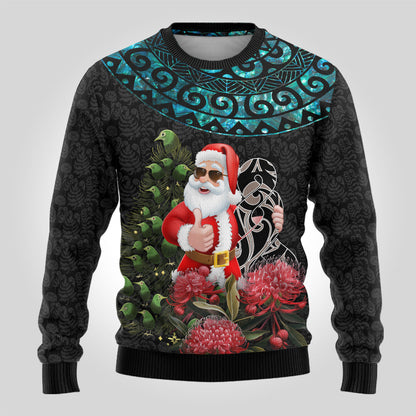 Christmas Ugly Christmas Sweater Maori Santa Pikorua and Pohutukawa Meri Kirihimete