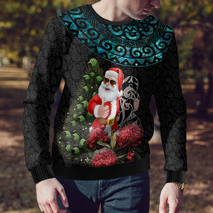 Christmas Ugly Christmas Sweater Maori Santa Pikorua and Pohutukawa Meri Kirihimete
