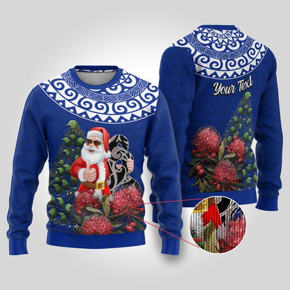 Christmas Ugly Christmas Sweater Maori Santa Pikorua and Pohutukawa Meri Kirihimete Blue