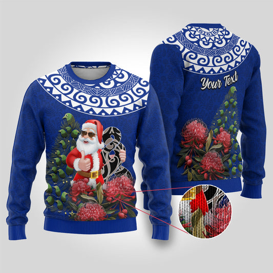 Christmas Ugly Christmas Sweater Maori Santa Pikorua and Pohutukawa Meri Kirihimete Blue
