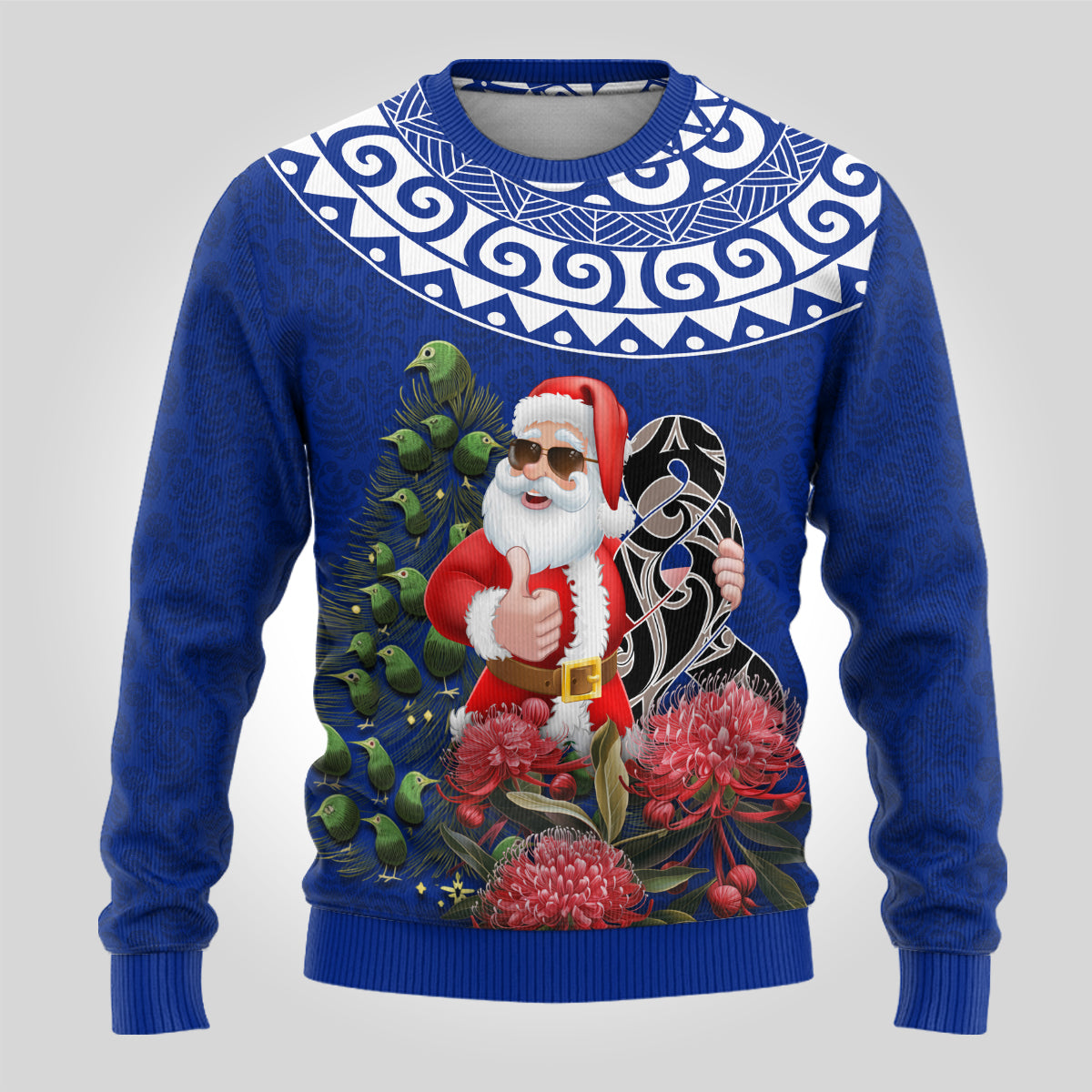 Christmas Ugly Christmas Sweater Maori Santa Pikorua and Pohutukawa Meri Kirihimete Blue