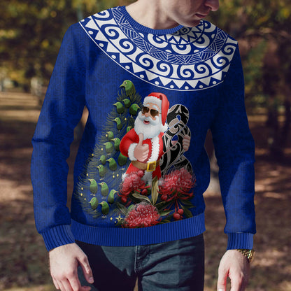 Christmas Ugly Christmas Sweater Maori Santa Pikorua and Pohutukawa Meri Kirihimete Blue
