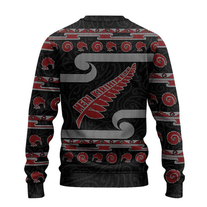 Christmas Ugly Christmas Sweater Meri Kirihimete Silver Fern Knit Style Red Color